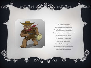 Con la fresca matinal
Machín recobró el sentido
Y se halló manco, impedido,
Tuerto, hambriento y sin un real.
Y en tanto que su rival
Va ladrando a carcajadas
Con orejas agachadas
Y con el rabo entre piernas,
Machín llora en voces tiernas
Todas sus barrabasadas.
 