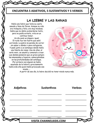 VISITA CHANNELKIDS.COM
Adjetivos Sustantivos Verbos
_________________ _______________
_________________ _______________
_________________ _______________
_________________ _______________
_________________ _______________
LA LIEBRE Y LAS RANAS
Había una liebre que tenía su casita
aseada y llena de flores. Aunque su vida
era tranquila y feliz, era muy miedosa.
Sabía que no debía acobardarse tanto,
pero no podía evitarlo, vivía en un
continuo temor.
Un día sonó un disparo: ¡pum!
El ruido fue tan fuerte que salió
corriendo. La pobre no paraba de correr
sin saber a dónde ir para refugiarse.
Y pasó junto a un estanque donde había
una familia de ranas. Una de ellas, al
verla venir, se asustó y comenzó a croar.
Las demás pensaron que un grave peligro
las amenazaba y huyeron, sumergiéndose
en las profundidades del estanque.
¡Por primera vez alguien se había
asustado de la liebre! y precisamente
había sido ella quien había provocado ese
miedo.....
A partir de ese día, la liebre decidió no tener miedo nunca más.
ENCUENTRA 5 ADJETIVOS, 5 SUSTANTIVOS Y 5 VERBOS
 
