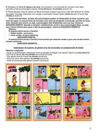 2- Destaque na fábula A raposa e as uvas, com amarelo, a voz somente do narrador e com lápis
vermelho a fala da personagem raposa. C8 D18 (PROALFA) / D19 (PROEB) c2.10 (4º e 5º)
3- Preste atenção à fala da raposa na fábula de Esopo e depois veja como a fala dela aparece na versão
de Lobato. Percebeu diferenças com relação à pontuação? Quais? C8 D17 (PROALFA) c4.2.1 (1º ao 3º) / D21
(PROEB) c3.10 (4º e 5º)
Como você percebeu, as falas das personagens podem vir destacadas de duas maneiras: por
meio de aspas, na mesma linha do narrador e por meio de parágrafo e travessão, escritas na outra
linha. Quando isso ocorre, ou seja, a personagem fala diretamente com sua voz, chama-se
DISCURSO DIRETO. Quando o narrador, indiretamente, conta o que a personagem falou, ou seja,
usa a forma indireta para expor a fala da personagem, chama-se DISCURSO INDIRETO.
Observe:
O matreiro bicho torceu o focinho:
— Estão verdes - murmurou.
— Uvas verdes, só para cachorros.
(DISCURSO DIRETO)
O matreiro bicho torceu o focinho murmurando que estavam verdes e que uvas verdes seriam
só para cachorros.
(DISCURSO INDIRETO)
Implicações do suporte, do gênero e/ou do enunciador na compreensão de textos
Observe e responda:
- Quais as semelhanças e diferenças entre as atitudes da Magali e da raposa? C8 D17 e C12 D26 (PROALFA)
c1.2 (1º ao 3º) / D6, D7, D8 e D23 (PROEB) c4.2 e 2.12 (4º e 5º anos)
- Que gênero textual é esse? D6 (PROEB) c2.2 (4º E 5º)
- Para que serve esse gênero? D6 (PROEB) c2.2 (4º E 5º)
- Onde encontramos esse gênero textual? c2.2 (4º E 5º)
11
 