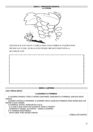 EIXO 4 – PRODUÇÃO ESCRITA
c4.2 (PROEB)
EIXO 2 – LEITURA
Leia a fábula abaixo:
A CIGARRA E A FORMIGA
A CIGARRA PASSOU TODO O VERÃO CANTANDO, ENQUANTO A FORMIGA JUNTAVA SEUS
GRÃOS.
QUANDO CHEGOU O INVERNO, A CIGARRA VEIO À CASA DA FORMIGA PARA PEDIR QUE LHE
DESSE O QUE COMER.
A FORMIGA, ENTÃO, PERGUNTOU A ELA:
- E O QUE É QUE VOCÊ FEZ DURANTE TODO O VERÃO?
- DURANTE O VERÃO, EU CANTEI – DISSE A CIGARRA.
E A FORMIGA RESPONDEU:
- MUITO BEM, POIS AGORA DANCE!
(FÁBULA DE ESOPO)
12
 