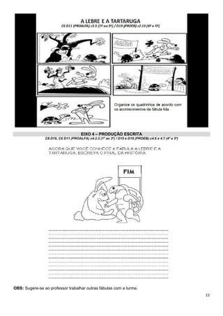 EIXO 4 – PRODUÇÃO ESCRITA
C8 D16, C6 D11 (PROALFA) c4.2.3 (1º ao 3º) / D15 e D19 (PROEB) c4.6 e 4.7 (4º e 5º)
OBS: Sugere-se ao professor trabalhar outras fábulas com a turma.
15
 