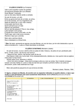 O LEÃO E O RATO (La Fontaine)
Vale a pena espalhar razões de gratidão:
Os pequenos também têm sua utilidade.
Duas fábulas* mostrarão
que eu não estou falando senão a verdade.
Ao sair do buraco, um rato,
Entre as garras terríveis de um leão, se achou.
O rei dos animais, em mui magnânimo ato,
Nada ao ratinho fez, e com vida o deixou.
A boa ação não foi em vão.
Quem pensaria que um leão
Alguma vez precisaria
De um rato tão pequeno? Pois é, meu amigo,
Leão também corre perigo,
E aquele ficou preso numa rede, um dia.
Tanto rugiu, que o rato ouviu e acudiu,
Roendo o laço que o prendia.
Mais vale a pertinaz labuta
Que o desespero e a força bruta.
* Obs: No texto, apresenta-se apenas uma das fábulas, em vez de duas, por ter sido destacada a que se
refere à temática do ―Leão e o Rato abordada na atividade.‖
O LEÃO E O RATINHO (Monteiro Lobato)
Ao sair do buraco, viu-se o ratinho entre as patas do leão. Estacou, de pelos em pé, paralisado pelo
terror. O leão, porém, não lhe fez mal nenhum.
- Segue em paz, ratinho; não tenhas medo do teu rei.
Dias depois o leão caiu numa rede. Urrou desesperadamente, debateu-se, mas quanto mais se agitava
mais preso no laço ficava.
Atraído pelos urros, apareceu o ratinho.
- Amor com amor se paga – disse ele lá consigo e pôs-se a roer as cordas. Num instante conseguiu
romper uma das malhas. E, como a rede era das tais que rompida a primeira malha e as outras se
afrouxaram, pode o leão deslindar-se e fugir.
Mais vale paciência pequenina do que arrancos de leão.
Monteiro Lobato. Fábulas, 1994.
2- Agora, compare as fábulas, de acordo com os aspectos indicados no quadro abaixo, e veja o que
muda e o que permanece nas suas sucessivas reescrituras: C6 D11 (PROALFA) c3.3 e 3.3.1 (1º ao 3º) /
D19 (PROEB) c2.13 e 2.6 (4º e 5º)
7
 