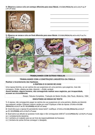 4- Observe a cena e crie um começo diferente para essa fábula. C12 D26 (PROALFA) c4.5 e 4.6 (1º ao 3º
e 4º e 5º anos)
_______________________________________
_______________________________________
_______________________________________
_______________________________________
_______________________________________
5- Observe as cenas e crie um final diferente para essa fábula. C12 D26 (PROALFA) c4.5 e 4.6 (1º ao 3º e
4º e 5º anos)
TRABALHANDO COM OUTRAS FÁBULAS
TRABALHANDO COM A CONSTRUÇÃO LINGUÍSTICA DA FÁBULA
Realizar o levantamento das hipóteses.
A RAPOSA E O CACHO DE UVAS
Uma raposa faminta, ao ver cachos de uva suspensos em uma parreira, quis pegá-los, mas não
conseguiu. Então, afastou-se dela, dizendo: ―Estão verdes .‖
Assim também, alguns homens, não conseguindo realizar seus negócios, por incapacidade,
acusam as circunstâncias.
Esopo: Fábulas Completas. Tradução de Neide Smolka. São Paulo, Moderna, 1994.
DISCUTINDO AS IDEIAS DO TEXTO
1- A raposa, não conseguindo pegar os cachos de uva suspensos em uma parreira, afastou-se dizendo
que estavam verdes. Estariam mesmo verdes as uvas? Explique a fala da raposa. C7 D12 e C12 D26
(PROALFA) c3.3.4 (1º ao 3º) / D3 (PROEB) c4.5 (4º e 5º anos)
2- Você diria que a raposa foi persistente nesse texto? Justifique. C7 D12 e C12 D26 (PROALFA) c3.3.6 (1º
ao 3º) / D3 (PROEB) c4.5 e 2.18 (4º e 5º anos)
3- Qual seria sua atitude se quisesse muito algo e não conseguisse obtê-lo? c3.3.6 (PROALFA) / c2.18 (4º e 5º anos)
a) ( ) simplesmente desistiria;
b) ( ) acharia um culpado para se ver livre da responsabilidade do fracasso;
c) ( ) tentaria de outras formas conseguir o desejado.
9
 