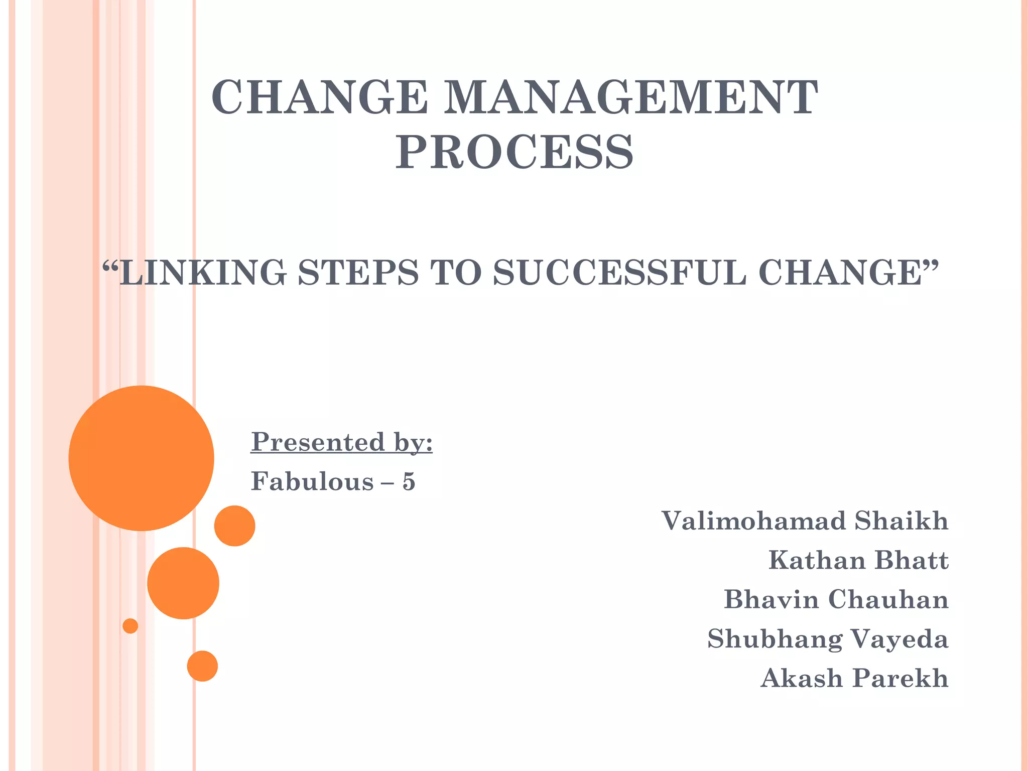 CHANGE MANAGEMENT
         PROCESS

“LINKING STEPS TO SUCCESSFUL CHANGE”



      Presented by:
      Fabulous – 5
                        Valimohamad Shaikh
                              Kathan Bhatt
                           Bhavin Chauhan
                          Shubhang Vayeda
                              Akash Parekh
 