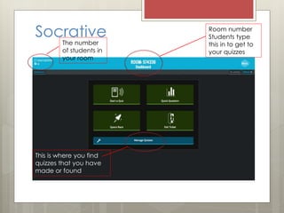 Socrative Room number
Students type
this in to get to
your quizzes
The number
of students in
your room
This is where you find
quizzes that you have
made or found
 