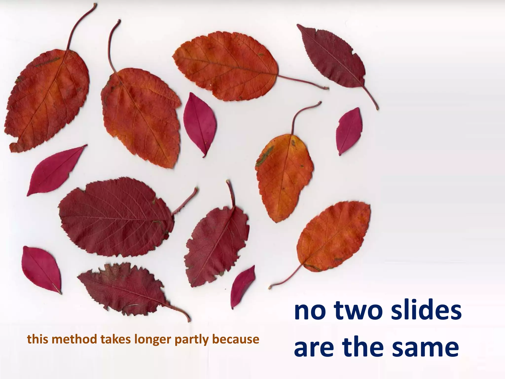 no two slides are the samethis method takes longer partly because 