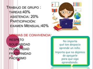 TRABAJO DE GRUPO :
TAREAS:40%
ASISTENCIA: 20%
PARTICIPACIÓN:
EXAMEN MENSUAL:40%
NORMAS DE CONVIVENCIA:
RESPETO
SOLIDARIDAD
HONESTIDAD
FRATERNIDAD
PACIFISMO
 