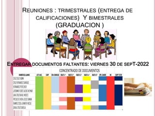 REUNIONES : TRIMESTRALES (ENTREGA DE
CALIFICACIONES) Y BIMESTRALES
(GRADUACION )
ENTREGAR DOCUMENTOS FALTANTES: VIERNES 30 DE SEPT-2022
 