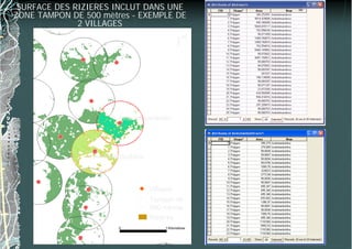 !(
!(
!(
!(
!(
!(
!(
!(
!(
!(
0 1 Kilomètres
Ambohimandroso
Andrefambohitra
Villages
Tampon de
500 mètres
Rizières
SURFACE DES RIZIERES INCLUT DANS UNE
ZONE TAMPON DE 500 mètres - EXEMPLE DE
2 VILLAGES
N
 