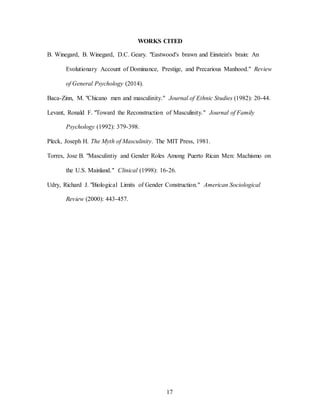 17
WORKS CITED
B. Winegard, B. Winegard, D.C. Geary. "Eastwood's brawn and Einstein's brain: An
Evolutionary Account of Dominance, Prestige, and Precarious Manhood." Review
of General Psychology (2014).
Baca-Zinn, M. "Chicano men and masculinity." Journal of Ethnic Studies (1982): 20-44.
Levant, Ronald F. "Toward the Reconstruction of Masculinity." Journal of Family
Psychology (1992): 379-398.
Pleck, Joseph H. The Myth of Masculinity. The MIT Press, 1981.
Torres, Jose B. "Masculintiy and Gender Roles Among Puerto Rican Men: Machismo on
the U.S. Mainland." Clinical (1998): 16-26.
Udry, Richard J. "Biological Limits of Gender Construction." American Sociological
Review (2000): 443-457.
 