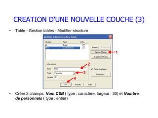 CREATION D’UNE NOUVELLE COUCHE (3)
•   Table - Gestion tables - Modifier structure




                                                          1

                                                2

                                            3
                                      4


•   Créer 2 champs: Nom CSB ( type : caractère, largeur : 30) et Nombre
    de personnels ( type : entier)
 
