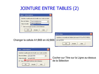 JOINTURE ENTRE TABLES (2)




Changer la cellule A1;B66 en A2;B66




                                 Cocher sur Titre sur la Ligne au-dessus
                                 de la Sélection
 