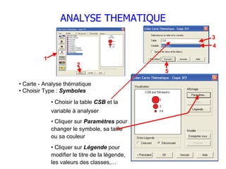 ANALYSE THEMATIQUE
                                                    3
                                                    4

         1
                        2
                                                5

• Carte - Analyse thématique
• Choisir Type : Symboles
             • Choisir la table CSB et la
             variable à analyser
             • Cliquer sur Paramètres pour
             changer le symbole, sa taille
             ou sa couleur
             • Cliquer sur Légende pour
             modifier le titre de la légende,
             les valeurs des classes,…
 