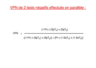 VPN de 2 tests négatifs effectués en parallèle :
VPN =
(1-Pr) x (SpTA) x (SpTB)
[(1-Pr) x (SpTA) x (SpTB)] + [Pr x (1-SeTA) x (1-SeTB)]
 