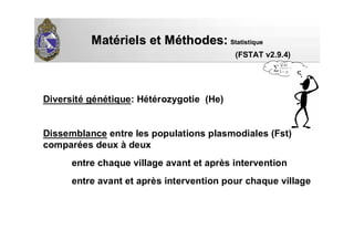 MatMatéériels et Mriels et Mééthodes:thodes: StatistiqueStatistique
Diversité génétique: Hétérozygotie (He)
Dissemblance entre les populations plasmodiales (Fst)
comparées deux à deux
entre chaque village avant et après intervention
entre avant et après intervention pour chaque village
(FSTAT v2.9.4)
.....
1
3
+
−
∑i y
xi
 