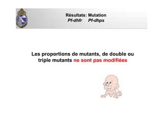 RRéésultats: Mutationsultats: Mutation
PfPf--dhfrdhfr PfPf--dhpsdhps
Les proportions de mutants, de double ou
triple mutants ne sont pas modifiées
 