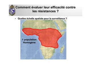 CommentComment éévaluer leur efficacitvaluer leur efficacitéé contrecontre
les rles réésistances ?sistances ?
• Quelles échelle spatiale pour la surveillance ?
1 population
Homogène
 