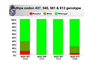 Mutated Mixte Wild-type
PfPf--dhpsdhps codon 437, 540, 581 & 613codon 437, 540, 581 & 613 genotypegenotype
0%
10%
20%
30%
40%
50%
60%
70%
80%
90%
100%
dhps 437
n=370
dhps 540
n=375
dhps 581
n=374
dhps 613
n=369
 