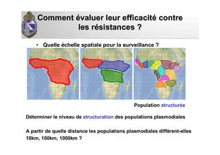 CommentComment éévaluer leur efficacitvaluer leur efficacitéé contrecontre
les rles réésistances ?sistances ?
• Quelle échelle spatiale pour la surveillance ?
Population structurée
Déterminer le niveau de structuration des populations plasmodiales
A partir de quelle distance les populations plasmodiales diffèrent-elles
10km, 100km, 1000km ?
 