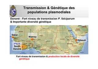 Transmission & GTransmission & Géénnéétique destique des
populationspopulations plasmodialesplasmodiales
Fort niveau de transmission & production locale de diversité
génétique
Danané : Fort niveau de transmission P. falciparum
& Importante diversité génétique
DjiboutiDjibouti
NiameyNiamey
DakarDakar
H=0.76H=0.76
SouthSouth
DananDananéé
 