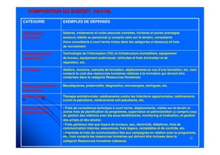 2323
COMPOSITION DU BUDGETCOMPOSITION DU BUDGET (GFATM)(GFATM)
• Frais de consultance technique à court terme, déplacements, visites sur le terrain et
autres frais de planification du programme, supervision et administration (y compris ceux
de gestion des relations avec les sous-bénéficiaires, monitoring et évaluation, et gestion
des achats et des stocks)
• Frais généraux tels que loyers de bureaux, eau, électricité, téléphone, frais de
communication internes, assurances, frais légaux, comptables et de contrôle, etc.
• Imprimés et frais de communication liés aux campagnes en relation avec le programme,
etc. (non compris les ressources humaines qui doivent être incluses dans la
catégorie Ressources humaines cidessus)
Planification et
Administration
Thérapie antirétrovirale, médicaments contre les infections opportunistes, médicaments
contre le paludisme, médicaments anti-paludisme, etc.
Médicaments
Moustiquaires, préservatifs, diagnostics, microscopes, seringues, etc.Matières premières
et produits
Ateliers, réunions, manuels de formation, déplacements en vue d'une formation, etc. (non
compris le coût des ressources humaines relatives à la formation qui doivent être
comprises dans la catégorie Ressources Humaines)
Formation
Technologie de l'information (TIC) et infrastructure immobilière, équipement
de bureau, équipement audiovisuel, véhicules et frais d'entretien et de
réparation, etc.
Infrastructure et
équipement
Salaires, traitements et coûts associés (retraites, incitants et autres avantages
sociaux) relatifs au personnel (y compris celui sur le terrain), consultants
(hors consultants à court terme inclus dans les catégories ci-dessous) et frais
de recrutement
Ressources
humaines
EXEMPLES DE DÉPENSESCATÉGORIE
 
