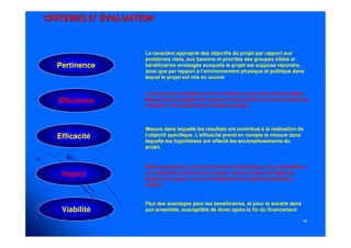 4444
CRITERES D’ ÉVALUATIONCRITERES D’ ÉVALUATION
Flux des avantages pour les bénéficiaires, et pour la société dans
son ensemble, susceptible de durer après la fin du financement
Pertinence
Le caractère approprié des objectifs du projet par rapport aux
problèmes réels, aux besoins et priorités des groupes cibles et
bénéficiaires envisagés auxquels le projet est supposé répondre,
ainsi que par rapport à l’environnement physique et politique dans
lequel le projet est mis en oeuvre
Efficience
Impact
Efficacité
Le fait que les résultats aient été atteints à des coûts raisonnables.
Mesure dans laquelle les moyens et les activités ont été convertis en
résultats, et la qualité des résultats atteints.
Mesure dans laquelle les résultats ont contribué à la réalisation de
l’objectif spécifique. L’efficacité prend en compte la mesure dans
laquelle les hypothèses ont affecté les accomplissements du
projet.
Viabilité
Effet du projet sur son environnement plus large, et sa contribution
aux objectifs sectoriels plus larges résumés dans les objectifs
globaux du projet, et sur la réalisation des objectifs politiques
cadres.
 