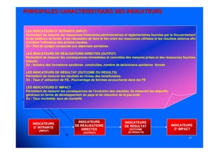 4747
PRINCIPALES CARACTERISTIQUES DES INDICATEURSPRINCIPALES CARACTERISTIQUES DES INDICATEURS
INDICATEURS
D’ INTRANTS
(INPUT)
INDICATEURS
DE RÉALISATIONS
DIRECTES
(OUTPUT)
INDICATEURS
DE RÉSULTAT
(OUTCOME
OU RESULTS)
INDICATEURS
D’ IMPACT
LES INDICATEURS D’ INTRANTS (INPUT)
Permettent de mesurer les ressources financières,administratives et réglementaires fournies par le Gouvernement
et les bailleurs de fonds. Il est nécessaire de faire le lien entre les ressources utilisées et les résultats obtenus afin
d’évaluer l’efficience des actions menées.
Ex : Part du budget consacrée aux dépenses sanitaires.
LES INDICATEURS DE RÉALISATIONS DIRECTES (OUTPUT)
Permettent de mesurer les conséquences immédiates et concrètes des mesures prises et des ressources fournies
(inputs).
Ex : Nombre des formations sanitaires construites, nombre de techniciens sanitaires formés
LES INDICATEURS DE RÉSULTAT (OUTCOME OU RESULTS)
Permettent de mesurer les résultats au niveau des bénéficiaires.
Ex : Taux d' utilisation de FS., Pourcentage de femmes accouchants dans les FS
LES INDICATEURS D’ IMPACT
Permettent de mesurer les conséquences de l’évolution des résultats. Ils mesurent les objectifs
généraux en terme de développement du pays et de réduction de la pauvreté.
Ex : Taux morbidité, taux de mortalité
 