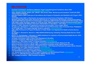6464
BIBLIOGRAPHIEBIBLIOGRAPHIE
European Commission. Aid Delivery Methods. Project Cycle ManagemEuropean Commission. Aid Delivery Methods. Project Cycle Management Guidelines. March 2004ent Guidelines. March 2004
http://www.europa.eu.int/comm/europeaid/qsm/index_en.htmhttp://www.europa.eu.int/comm/europeaid/qsm/index_en.htm
WHO, UNAIDS, GFATM, USAID, CDC, UNICEF, WB (January 2004) MonitWHO, UNAIDS, GFATM, USAID, CDC, UNICEF, WB (January 2004) Monitoring and Evaluation Toolkit HIV/AIDS ,oring and Evaluation Toolkit HIV/AIDS ,
Tuberculosis and Malaria.Tuberculosis and Malaria.
Roll Back Malaria (2000) Cadre pour la Surveillance desRoll Back Malaria (2000) Cadre pour la Surveillance des ProgrèsProgrès etet l’Evaluationl’Evaluation desdes RésultatsRésultats et deet de l’Impactl’Impact. WHO. WHO
GenèveGenève
WHO/WHO/RBM,(JuilletRBM,(Juillet 2003) La2003) La PlanificationPlanification dede programmeprogramme dede luttelutte ContreContre lele PlaudismePlaudisme. WHO. WHO GenèveGenève
MinisteroMinistero deglidegli AffariAffari EsteriEsteri Italia,Italia, DirezzioneDirezzione GeneraleGenerale per laper la CooperazioneCooperazione alloallo SviluppoSviluppo,, CooperazioneCooperazione ItalianaItaliana
((AprileAprile 2002):2002): ManualeManuale operativooperativo didi monitoraggiomonitoraggio ee ValutazioneValutazione delledelle IniziativeIniziative didi CooperazioneCooperazione alloallo svilupposviluppo. Roma. Roma
FAO (2002). Guide Technique.FAO (2002). Guide Technique. GestionGestion dudu Cycle deCycle de ProjetProjet. ASEG. ASEG ProgrammeProgramme d’Analysed’Analyse SocioéconomiqueSocioéconomique selonselon lele
Genre. Organization des NationsGenre. Organization des Nations UniesUnies pourpour l’Alimentationl’Alimentation etet l’Agriculturel’Agriculture –– FAO RomeFAO Rome www.fao.org/sd/SEAGAwww.fao.org/sd/SEAGA
DetogniDetogni C. (2001).C. (2001). ManualeManuale didi ProgettazioneProgettazione SanitariaSanitaria InternazionaleInternazionale. Franco. Franco AngeliAngeli,, MilanoMilano
St Leger A.S.,St Leger A.S., SchniedenSchnieden H. (1992) Evaluation Health Services Effectiveness. Open UniverH. (1992) Evaluation Health Services Effectiveness. Open University Press. Philadelphiasity Press. Philadelphia
ACYF CORE (2001) The Program Manager Guide to evaluation.ACYF CORE (2001) The Program Manager Guide to evaluation. www.acf.dhhs.govwww.acf.dhhs.gov
CDC (1999) Framework for Program Evaluation in Public Health. U.CDC (1999) Framework for Program Evaluation in Public Health. U.S. Department of Health & Human Service.S. Department of Health & Human Service.
AtlantaAtlanta
De Angelis V.,De Angelis V., RicciardiRicciardi N.,N., StorchiStorchi G. (1998) ORAHS 98 Monitoring, Evaluating, Planning Health ServG. (1998) ORAHS 98 Monitoring, Evaluating, Planning Health Service. Worldice. World
ScientificScientific
Drew H. C.,Drew H. C., DuivenbodenDuivenboden J.,J., BonnefoyBonnefoy X. (2000) Guidelines for evaluation of Environmental Health SerX. (2000) Guidelines for evaluation of Environmental Health Service. WHOvice. WHO
Regional Publications Series CopenhagenRegional Publications Series Copenhagen
European Commission (2001) Project Cycle Management.European Commission (2001) Project Cycle Management. BruxellesBruxelles
Evaluation Cookbook (1999) Design ExperimentsEvaluation Cookbook (1999) Design Experiments www.icbi.hw.ac.ukwww.icbi.hw.ac.uk
McNamara C. (2001) Basic Guide To Program EvaluationMcNamara C. (2001) Basic Guide To Program Evaluation www.mapnp.orgwww.mapnp.org
National Advisory Council on Aging (1988). A Participatory EvaluNational Advisory Council on Aging (1988). A Participatory Evaluation Guide. Ottawa K1A 1B4ation Guide. Ottawa K1A 1B4
National Advisory Council on Aging (1998) A participatory EvaluaNational Advisory Council on Aging (1998) A participatory Evaluation Guide. NACA Ottawa K1A 1B4tion Guide. NACA Ottawa K1A 1B4
RotmanRotman I. & Others (2001) Evaluation in Health Promotion. WHO RegionaI. & Others (2001) Evaluation in Health Promotion. WHO Regional Publication European Series. Denmarkl Publication European Series. Denmark
SaintSaint--GermainGermain M.A. (2001) Research Methods.M.A. (2001) Research Methods. www.csulb.eduwww.csulb.edu
ScotCITScotCIT (1998)(1998) ScotCITScotCIT Evaluation FrameworkEvaluation Framework www.scotcit.ac.ukwww.scotcit.ac.uk
The World Bank Group (2001) evaluation DesignThe World Bank Group (2001) evaluation Design www.worldbank.orgwww.worldbank.org
U.S. General Accounting Office (1991) Program Evaluation and MetU.S. General Accounting Office (1991) Program Evaluation and Methodology Division.hodology Division. www.gao.govwww.gao.gov
KaraniKarani F. A. (1984) Monitoring and Evaluation. UNICEF Nairobi, KenyaF. A. (1984) Monitoring and Evaluation. UNICEF Nairobi, Kenya
W.K. Kellogg Foundation (1998) Evaluation HandbookW.K. Kellogg Foundation (1998) Evaluation Handbook
 