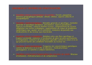 VARIABLES ET CRITVARIABLES ET CRITÈÈRES DE STRATIFICATIONRES DE STRATIFICATION
► Variables macro-économiques et sociales :Terrain, population,Terrain, population,
donndonnéées ges gééographiques (latitude, climat), ethnies, aspects culturels etographiques (latitude, climat), ethnies, aspects culturels et
sociopolitiques)sociopolitiques)
►► VariablesVariables éépidpidéémiologiques :miologiques :MortalitMortalitéé ggéénnéérale et sprale et spéécifique, morbiditcifique, morbiditéé
ggéénnéérale et sprale et spéécifique (incidence, prcifique (incidence, préévalence), espvalence), espèèces parasitaires,ces parasitaires,
espespèèces vectorielles, contactsces vectorielles, contacts hommehomme--vecteurvecteur, comportement du vecteur,, comportement du vecteur,
adaptation aux nichesadaptation aux niches éécologiques, augmentation du risque de problcologiques, augmentation du risque de problèèmesmes
éépidpidéémiques (qui, quand, omiques (qui, quand, oùù et comment), ret comment), réésistance du parasite auxsistance du parasite aux
mméédicaments et du vecteur aux insecticides.dicaments et du vecteur aux insecticides.
►► Variables microVariables micro éécologiquescologiques ::Relation entre une flore spRelation entre une flore spéécifique etcifique et
ll’’espespèèce vectorielle, existence et localisation de gce vectorielle, existence et localisation de gîîtes larvaires permanentstes larvaires permanents
et temporaires, existence de productions agricoles comme le cotoet temporaires, existence de productions agricoles comme le coton et le rizn et le riz
qui peuvent fournir des conditions favorables au vecteurqui peuvent fournir des conditions favorables au vecteur etcetc……
►► Variables anthropologiques:Variables anthropologiques: FrFrééquence de caractquence de caractééristiques gristiques géénnéétiquestiques
comme la dcomme la dééficience en Gficience en G--66--PD, la tolPD, la toléérance mrance méédicamenteusedicamenteuse
((primaquineprimaquine), et l), et l’’ananéémiemie àà cellules falciformes.cellules falciformes.
►► Variables concernant lVariables concernant l’’organisation des services de santorganisation des services de santéé:: RRééseauxseaux
dd’’institutions, dinstitutions, d’’infrastructures et de compinfrastructures et de compéétences.tences.
 