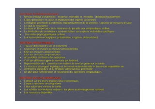 CRITCRITÈÈRESRES ÉÉPIDPIDÉÉMIOLOGIQUESMIOLOGIQUES
►► Niveaux initiaux dNiveaux initiaux d’’endendéémicitmicitéé, incidence, morbidit, incidence, morbiditéé et mortalitet mortalitéé, distribution saisonni, distribution saisonnièère.re.
►► EspEspèèce parasitaire en cause et distribution des espce parasitaire en cause et distribution des espèèces vectoriellesces vectorielles
►► LL’’instabilitinstabilitéé potentielle dpotentielle d’’endendéémicitmicitéé indindéépendamment de la prpendamment de la préésence / absence de mesures de lutte.sence / absence de mesures de lutte.
►► Le taux de rLe taux de réésurgencesurgence
►► Le degrLe degréé et let l’’importance de la rimportance de la réésistance du parasite aux antipaludiques utilissistance du parasite aux antipaludiques utiliséés.s.
►► La distribution de la rLa distribution de la réésistance aux insecticides des espsistance aux insecticides des espèèces vectorielles spces vectorielles spéécifiquescifiques
►► Les strates physiographiques de baseLes strates physiographiques de base
►► Les interventionsLes interventions éécologiques (urbanisation, irrigation, dcologiques (urbanisation, irrigation, dééforestation)forestation)
CRITCRITÈÈRES OPRES OPÉÉRATIONNELSRATIONNELS
►► Taux de dTaux de déétection des cas et traitementtection des cas et traitement
►► Couverture en matiCouverture en matièère de mesuresre de mesures antivectoriellesantivectorielles
►► Effet des mesuresEffet des mesures antivectoriellesantivectorielles
►► Effet des mesures antiparasitairesEffet des mesures antiparasitaires
►► AccessibilitAccessibilitéé du thdu thééâtre des opâtre des opéérationsrations
►► CoCoûût des difft des difféérents types de mesures par habitantrents types de mesures par habitant
►► ReprRepréésentation de la couverture en matisentation de la couverture en matièère de services gre de services géénnééraux de santraux de santéé,,
►► La structure du support logistique et des services administratifLa structure du support logistique et des services administratifs en termes de probabilits en termes de probabilitéés des de
►► contraintes logistiques et de flexibilitcontraintes logistiques et de flexibilitéé administrative potentielle.administrative potentielle.
►► Un plan pour lUn plan pour l’’amaméélioration et llioration et l’’expansion des opexpansion des opéérations antipaludiquesrations antipaludiques
CRITCRITÈÈRES SOCIORES SOCIO--ÉÉCONOMIQUESCONOMIQUES
►► LL’’impact sur les divers groupes socioimpact sur les divers groupes socio--ééconomiques,conomiques,
►► LL’’aspect saisonnier des migrationsaspect saisonnier des migrations
►► LL’é’état actuel des services de santtat actuel des services de santéé
►► Les activitLes activitééss ééconomiques majeures, les plans de dconomiques majeures, les plans de dééveloppement national,veloppement national,
►► Les ressources disponiblesLes ressources disponibles
 