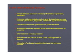 ETAPES OPETAPES OPÉÉRATIONNELLES (Exemples)RATIONNELLES (Exemples)
l’introduction de nouveaux services (information, supervision,
traitement)
l’extension et l’augmentation de la charge de travail des services
existants (information, diagnostic, traitement, approvisionnement)
l’affectation de nouveau personnel aux postes existants
la création de nouveaux postes et/ou de nouvelles catégories de
personnel
la formation de nouveau personnel
la formation sur le terrain, la mise à jour, l’enseignement à
distance
l’allocation d’un budget supplémentaire pour de nouveaux
services
 