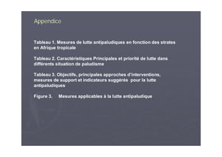 AppendiceAppendice
Tableau 1. Mesures de lutte antipaludiques en fonction des strates
en Afrique tropicale
Tableau 2. Caractéristiques Principales et priorité de lutte dans
différents situation de paludisme
Tableau 3. Objectifs, principales approches d’interventions,
mesures de support et indicateurs suggérés pour la lutte
antipaludiques
Figure 3. Mesures applicables à la lutte antipaludique
 