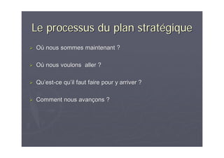 Le processus du plan stratLe processus du plan stratéégiquegique
OOùù nous sommes maintenant ?nous sommes maintenant ?
OOùù nous voulons aller ?nous voulons aller ?
QuQu’’estest--ce quce qu’’il faut faire pour y arriver ?il faut faire pour y arriver ?
Comment nous avanComment nous avanççons ?ons ?
 