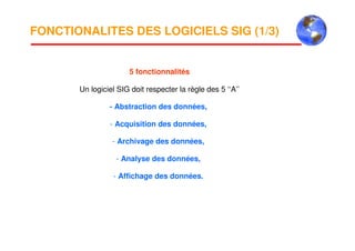 FONCTIONALITES DES LOGICIELS SIG (1/3)
5 fonctionnalités
Un logiciel SIG doit respecter la règle des 5 ‘‘A’’
- Abstraction des données,
- Acquisition des données,
- Archivage des données,
- Analyse des données,
- Affichage des données.
 