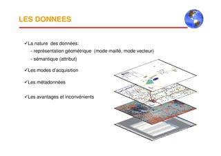 LES DONNEES
La nature des données:
- représentation géométrique (mode maillé, mode vecteur)
- sémantique (attribut)
Les modes d’acquisition
Les métadonnées
Les avantages et inconvénients
 