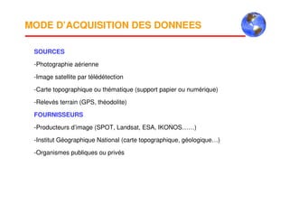MODE D’ACQUISITION DES DONNEES
SOURCES
-Photographie aérienne
-Image satellite par télédétection
-Carte topographique ou thématique (support papier ou numérique)
-Relevés terrain (GPS, théodolite)
FOURNISSEURS
-Producteurs d’image (SPOT, Landsat, ESA, IKONOS……)
-Institut Géographique National (carte topographique, géologique…)
-Organismes publiques ou privés
 