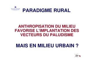 PARADIGME RURAL


 ANTHROPISATION DU MILIEU
FAVORISE L’IMPLANTATION DES
  VECTEURS DU PALUDISME

MAIS EN MILIEU URBAIN ?
 