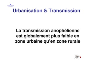 Urbanisation & Transmission



 La transmission anophélienne
 est globalement plus faible en
 zone urbaine qu’en zone rurale
 