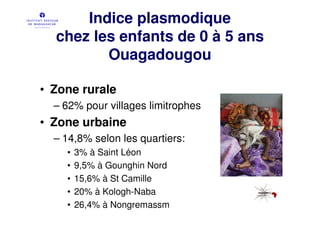 Indice plasmodique
  chez les enfants de 0 à 5 ans
         Ouagadougou

• Zone rurale
  – 62% pour villages limitrophes
• Zone urbaine
  – 14,8% selon les quartiers:
    •   3% à Saint Léon
    •   9,5% à Gounghin Nord
    •   15,6% à St Camille
    •   20% à Kologh-Naba
    •   26,4% à Nongremassm
 
