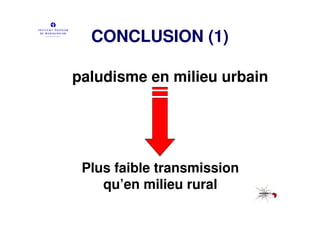 CONCLUSION (1)

paludisme en milieu urbain




 Plus faible transmission
    qu’en milieu rural
 