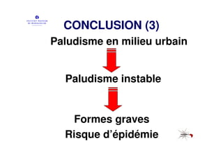 CONCLUSION (3)
Paludisme en milieu urbain


  Paludisme instable


   Formes graves
  Risque d’épidémie
 