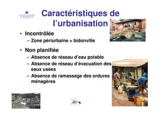 Caractéristiques de
          l’urbanisation
• Incontrôlée
  – Zone périurbaine = bidonville

• Non planifiée
  – Absence de réseau d’eau potable
  – Absence de réseau d’évacuation des
    eaux usées
  – Absence de ramassage des ordures
    ménagères
 