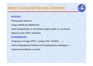 MODE D’ACQUISITION DES DONNEES

 SOURCES

 -Photographie aérienne

 -Image satellite par télédétection

 -Carte topographique ou thématique (support papier ou numérique)

 -Relevés terrain (GPS, théodolite)

 FOURNISSEURS

 -Producteurs d’image (SPOT, Landsat, ESA, IKONOS……)

 -Institut Géographique National (carte topographique, géologique…)

 -Organismes publiques ou privés
 