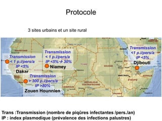 Protocole
Transmission
<1 p.i/pers/a
IP <5%
Djibouti
Transmission
< 1 p.i/pers/a
IP <5%
Dakar
Transmission
< 1 p.i/pers/a
IP <5% 30%
Niamey
Transmission
> 300 p.i/pers/a
IP >80%
Zouen Hounnien
Trans :Transmission (nombre de piqûres infectantes /pers./an)
IP : index plasmodique (prévalence des infections palustres)
3 sites urbains et un site rural
 
