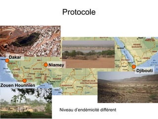 Protocole
Dakar
Niamey
Djibouti
Zouen Hounnien
Niveau d’endémicité différent
 
