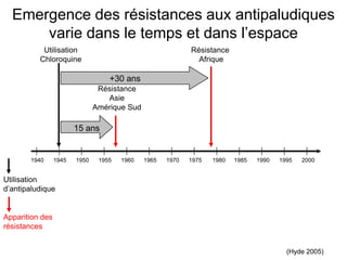 1940 1945 1950 1955 1960 1965 1970 1975 1985 1990 1995 2000
Utilisation
Chloroquine
Résistance
Asie
Amérique Sud
Résistance
Afrique
1980
(Hyde 2005)
Emergence des résistances aux antipaludiques
varie dans le temps et dans l’espace
15 ans
Apparition des
résistances
Utilisation
d’antipaludique
+30 ans
 