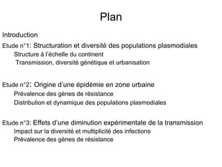 Plan
Introduction
Etude n°1: Structuration et diversité des populations plasmodiales
Structure à l’échelle du continent
Transmission, diversité génétique et urbanisation
Etude n°2: Origine d’une épidémie en zone urbaine
Prévalence des gènes de résistance
Distribution et dynamique des populations plasmodiales
Etude n°3: Effets d’une diminution expérimentale de la transmission
Impact sur la diversité et multiplicité des infections
Prévalence des gènes de résistance
 