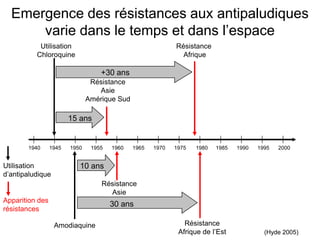 1940 1945 1950 1955 1960 1965 1970 1975 1985 1990 1995 2000
Utilisation
Chloroquine
Résistance
Asie
Amérique Sud
Résistance
Afrique
1980
Résistance
Asie
Résistance
Afrique de l’Est
Amodiaquine
(Hyde 2005)
Emergence des résistances aux antipaludiques
varie dans le temps et dans l’espace
15 ans
10 ans
Apparition des
résistances
Utilisation
d’antipaludique
+30 ans
30 ans
 