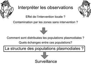 Interpréter les observations
Comment sont distribuées les populations plasmodiales ?
Quels échanges entre ces populations?
Effet de l’intervention locale ?
Contamination par les zones sans intervention ?
Surveillance
La structure des populations plasmodiales ?
 