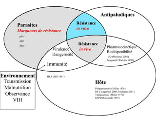 Résistance
in vitro
Virulence
Dangerosité
Parasites
Marqueurs de résistance
Antipaludiques
Hôte
Environnement
Immunité
HLA (Hill 1991)
Résistance
in vivo
Pharmacocinétique
Biodisponibilité
CQ (Wellems 2001)
Proguanil (Watkins 1990)
pfcrt
dhfr
dhps
Transmission
Malnutrition
Observance
VIH
Drépanocytose (Miller 1976)
Hb C (Agarwal 2000, Modiano 2001)
Thalassemias (Miller 1976)
G6P D(Ruwende 1995)
 